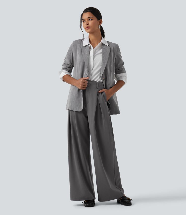 High Waisted Lace Panel Wide Leg Work Pants with Pockets