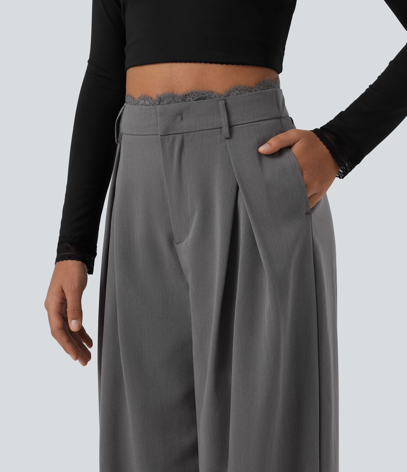 High Waisted Lace Panel Wide Leg Work Pants with Pockets