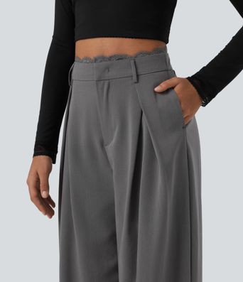 High Waisted Lace Panel Wide Leg Work Pants with Pockets