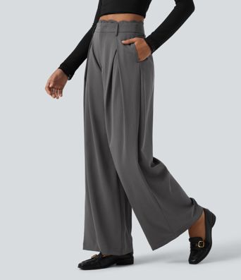 High Waisted Lace Panel Wide Leg Work Pants with Pockets