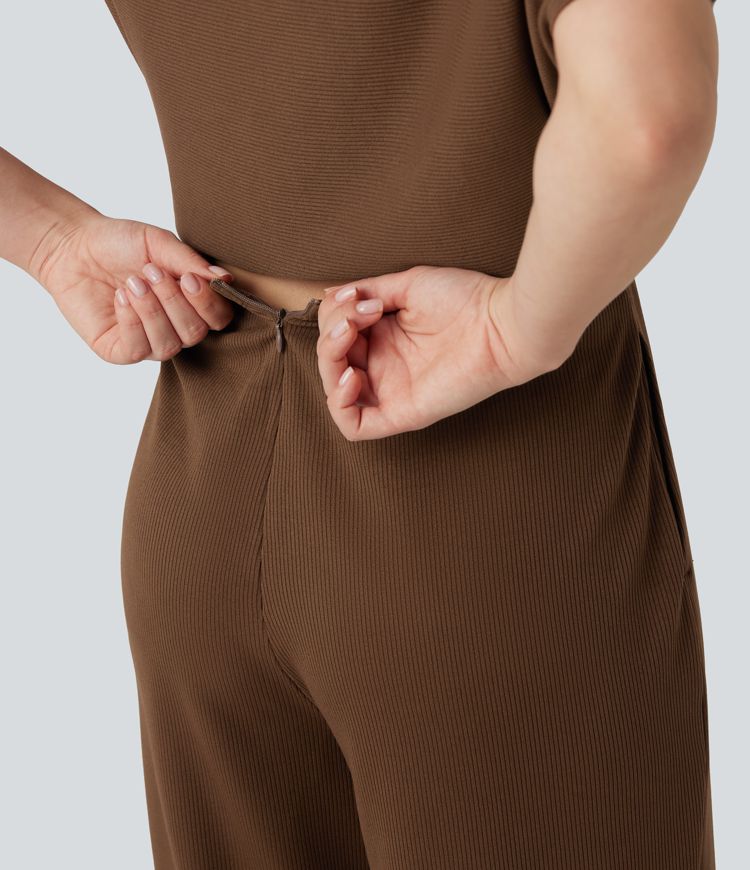 One Shoulder Short Sleeve Asymmetric Casual Jumpsuit with Built-in Bra and Pockets -Easy Peezy Edition