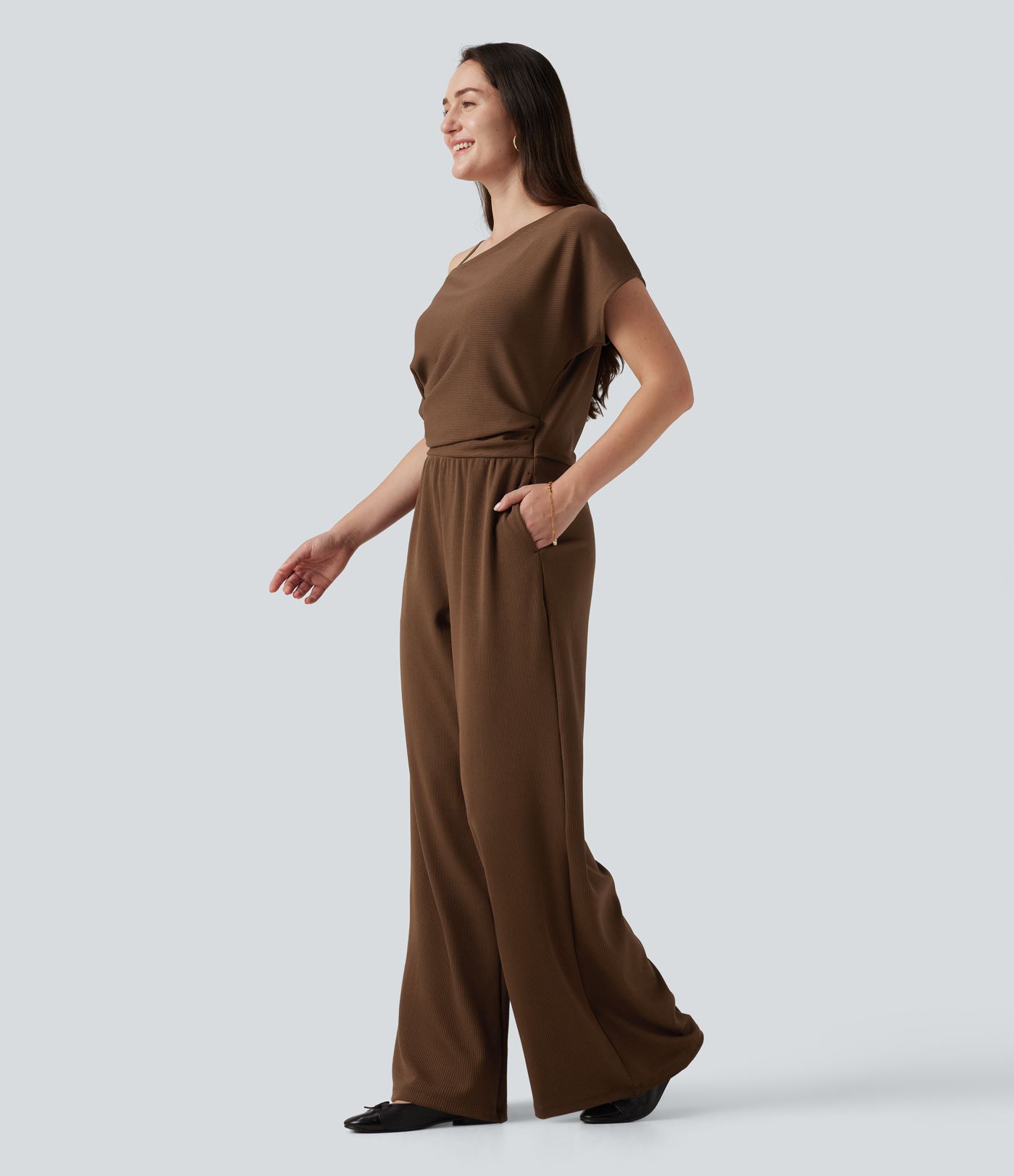 One Shoulder Short Sleeve Asymmetric Casual Jumpsuit with Built-in Bra and Pockets -Easy Peezy Edition