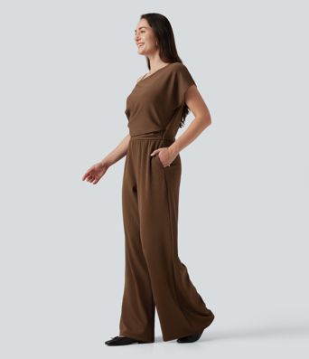 One Shoulder Short Sleeve Asymmetric Casual Jumpsuit with Built-in Bra and Pockets -Easy Peezy Edition
