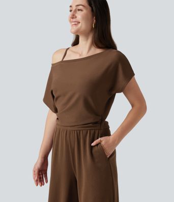 One Shoulder Short Sleeve Asymmetric Casual Jumpsuit with Built-in Bra and Pockets -Easy Peezy Edition