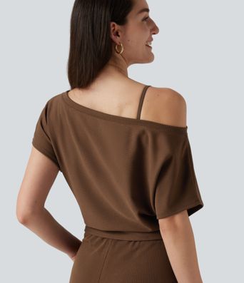 One Shoulder Short Sleeve Asymmetric Casual Jumpsuit with Built-in Bra and Pockets -Easy Peezy Edition