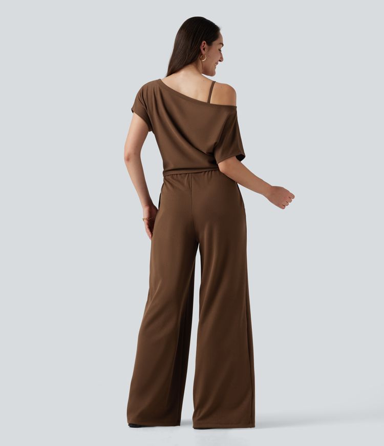 One Shoulder Short Sleeve Asymmetric Casual Jumpsuit with Built-in Bra and Pockets -Easy Peezy Edition