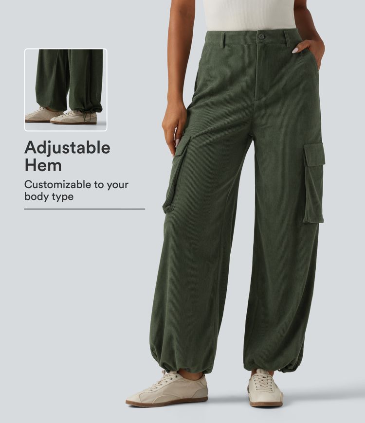 High Waisted Straight Leg Gathered Hem Corduroy Cargo Casual Pants with Pockets High Waisted Straight Leg Gathered Hem Corduroy Cargo Casual Pants with Pockets
