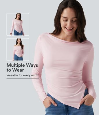 Boat Neck Long Sleeve Ruched Uneven Hem Casual Top
