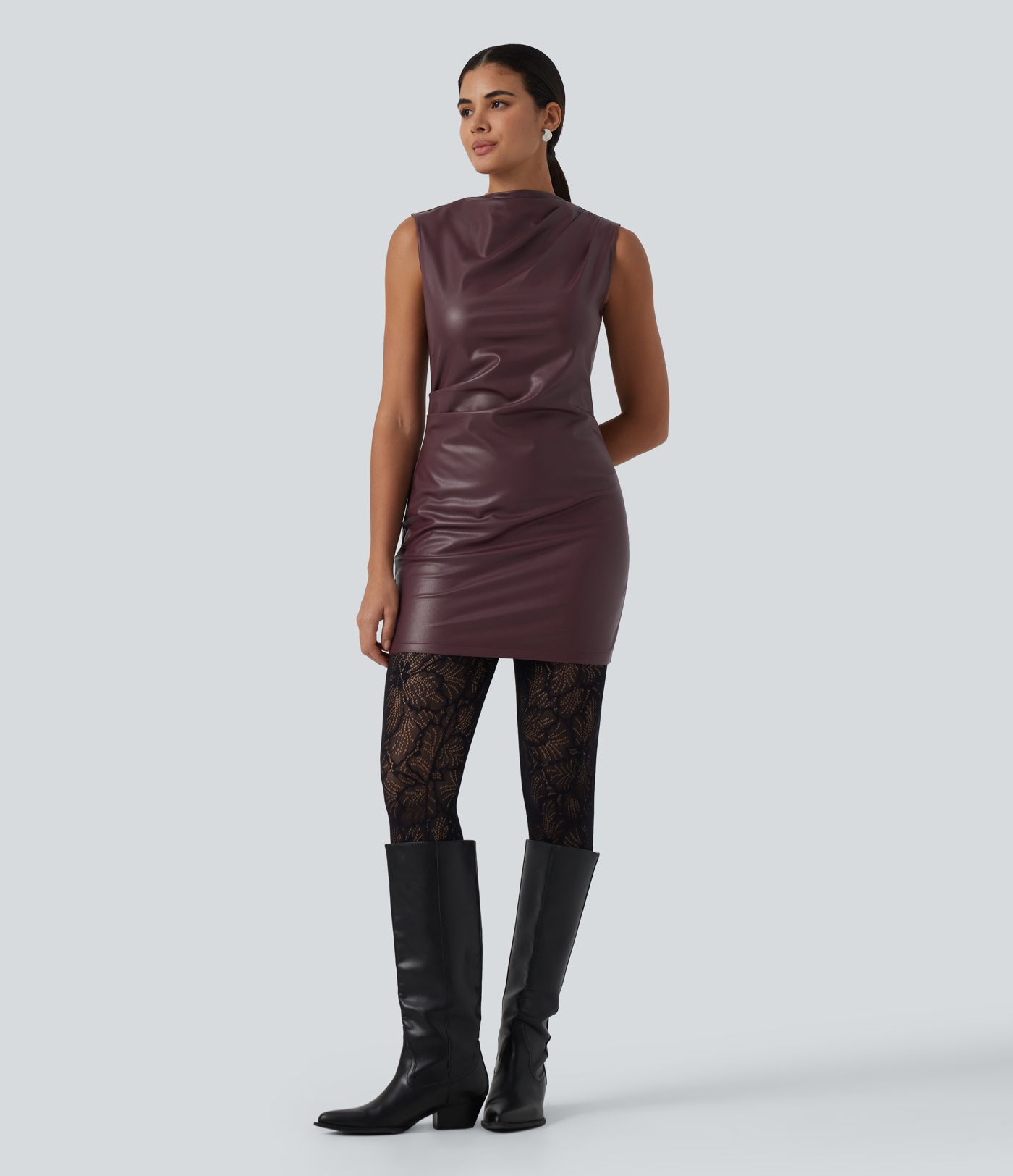 Mock Neck Ruched Bodycon Stretchy PU Party Mini Dress
