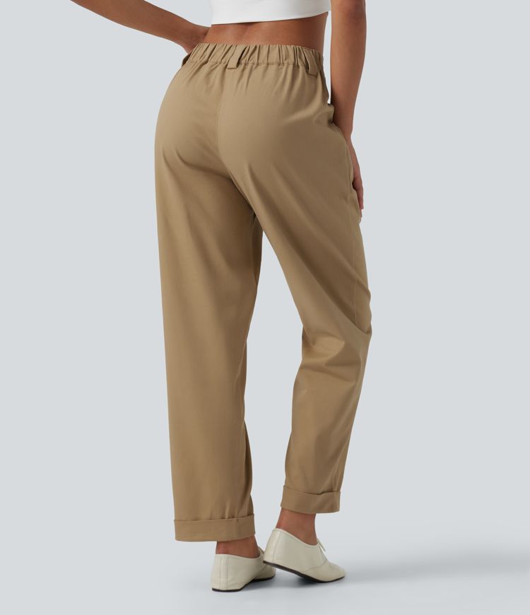 Low Rise Relaxed Rolled Hem Tapered Rolled Hem Cotton Casual Pants with Pockets