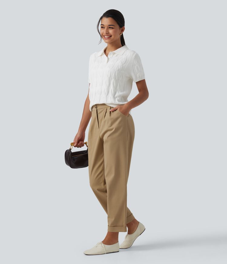 Low Rise Relaxed Rolled Hem Tapered Rolled Hem Cotton Casual Pants with Pockets