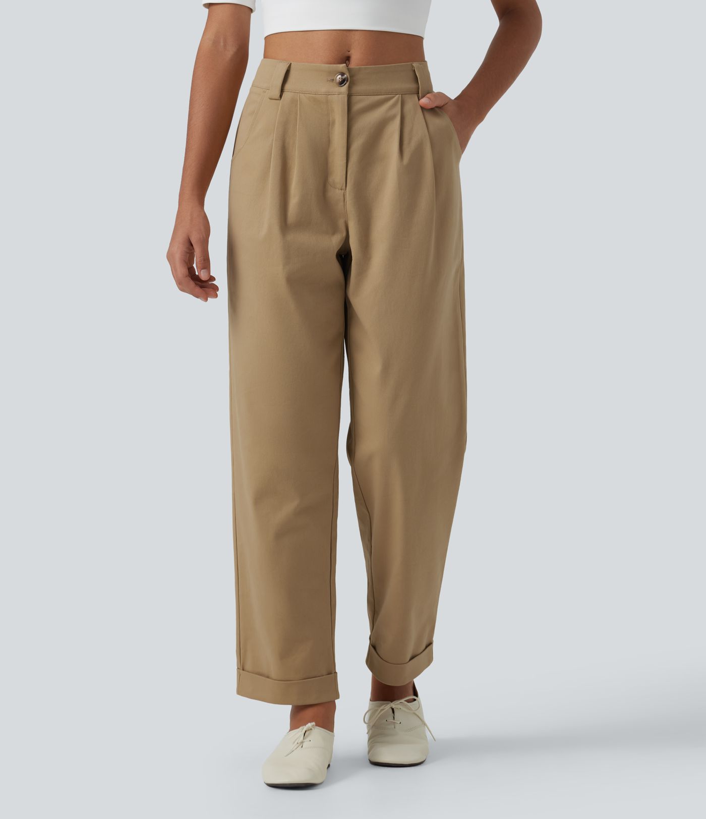 Low Rise Relaxed Rolled Hem Tapered Rolled Hem Cotton Casual Pants with Pockets