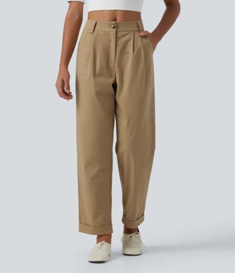 Low Rise Relaxed Rolled Hem Tapered Rolled Hem Cotton Casual Pants with Pockets