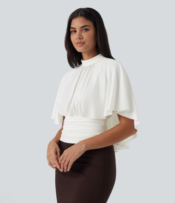 Mock Neck Batwing Short Sleeve Slim Ruched Work Blouse