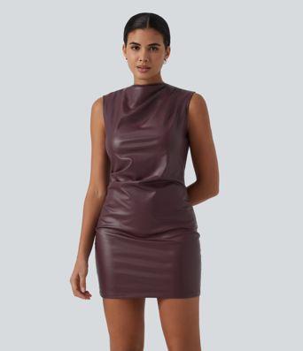 Mock Neck Ruched Bodycon Stretchy PU Party Mini Dress