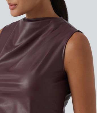 Mock Neck Ruched Bodycon Stretchy PU Party Mini Dress