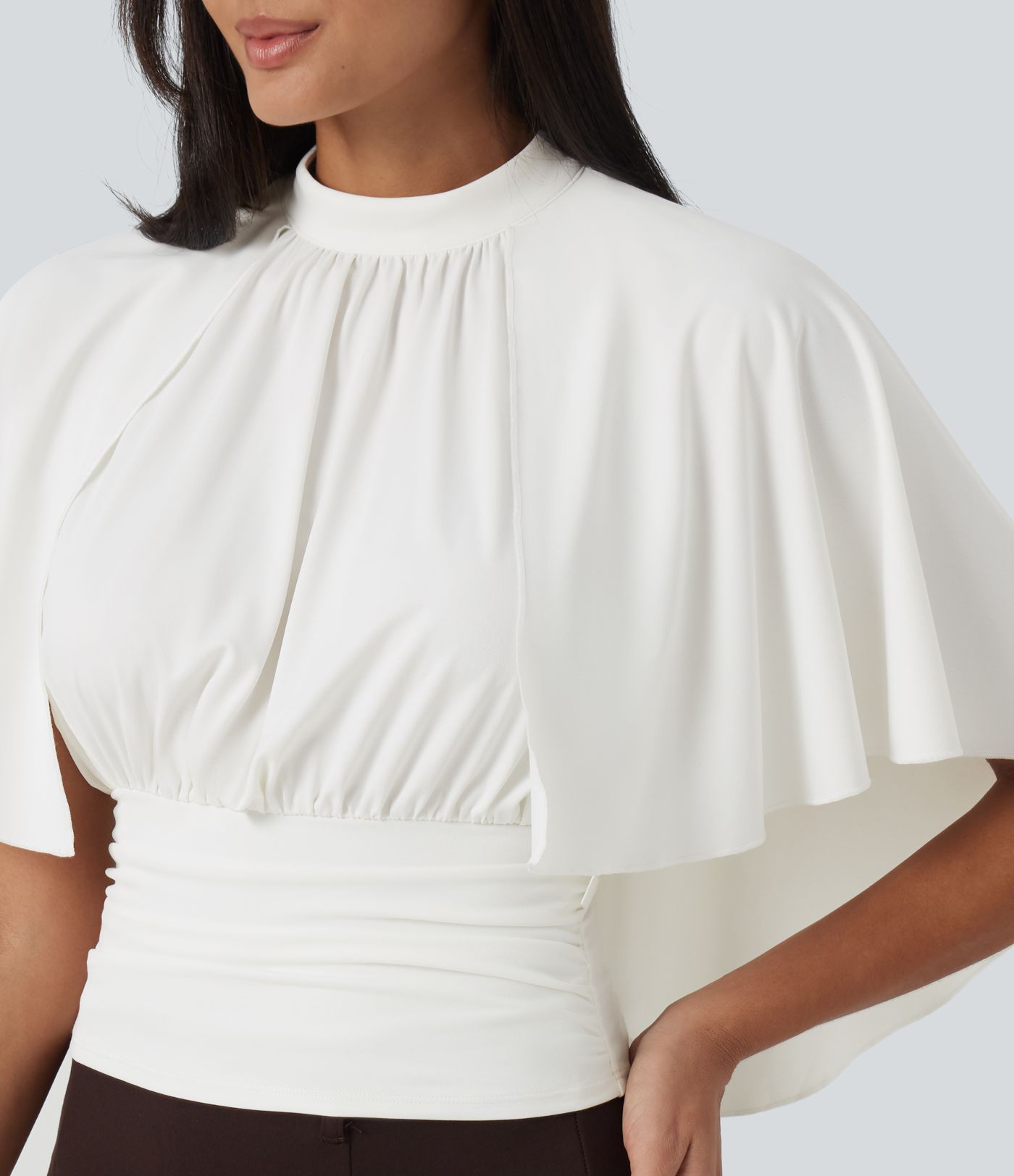 Mock Neck Batwing Short Sleeve Slim Ruched Work Blouse