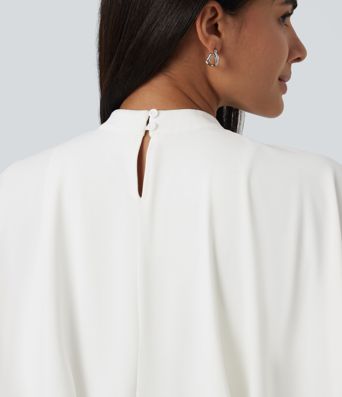 Mock Neck Batwing Short Sleeve Slim Ruched Work Blouse