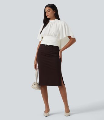 Mock Neck Batwing Short Sleeve Slim Ruched Work Blouse