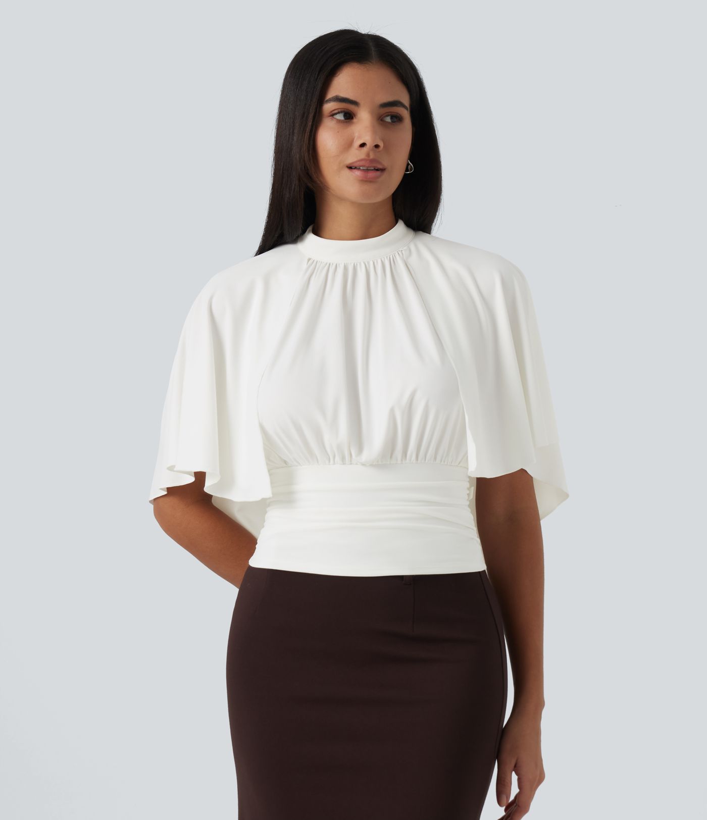 Mock Neck Batwing Short Sleeve Slim Ruched Work Blouse