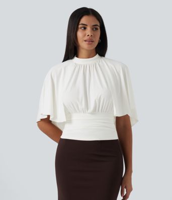 Mock Neck Batwing Short Sleeve Slim Ruched Work Blouse
