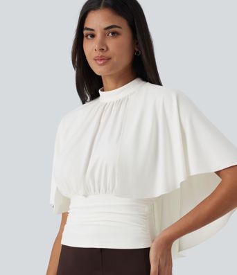 Mock Neck Batwing Short Sleeve Slim Ruched Work Blouse