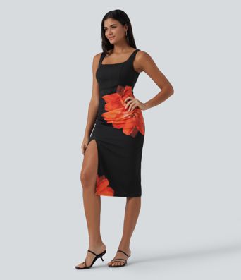 Robe midi de soirée moulante à imprimé floral, encolure carrée, dos nu et effet corset avec fronces et fente
