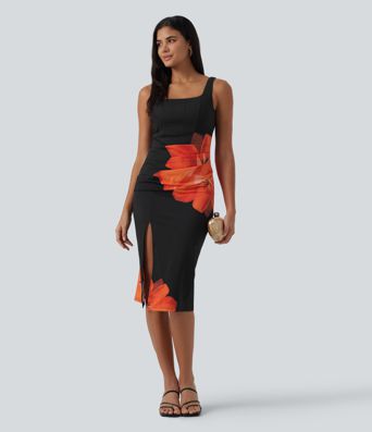 Robe midi de soirée moulante à imprimé floral, encolure carrée, dos nu et effet corset avec fronces et fente