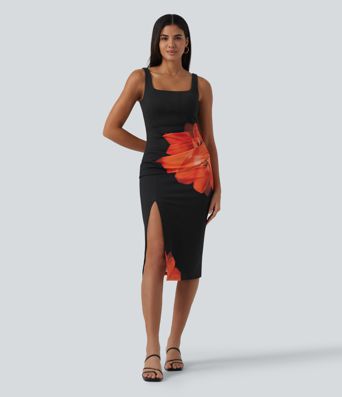 Robe midi de soirée moulante à imprimé floral, encolure carrée, dos nu et effet corset avec fronces et fente