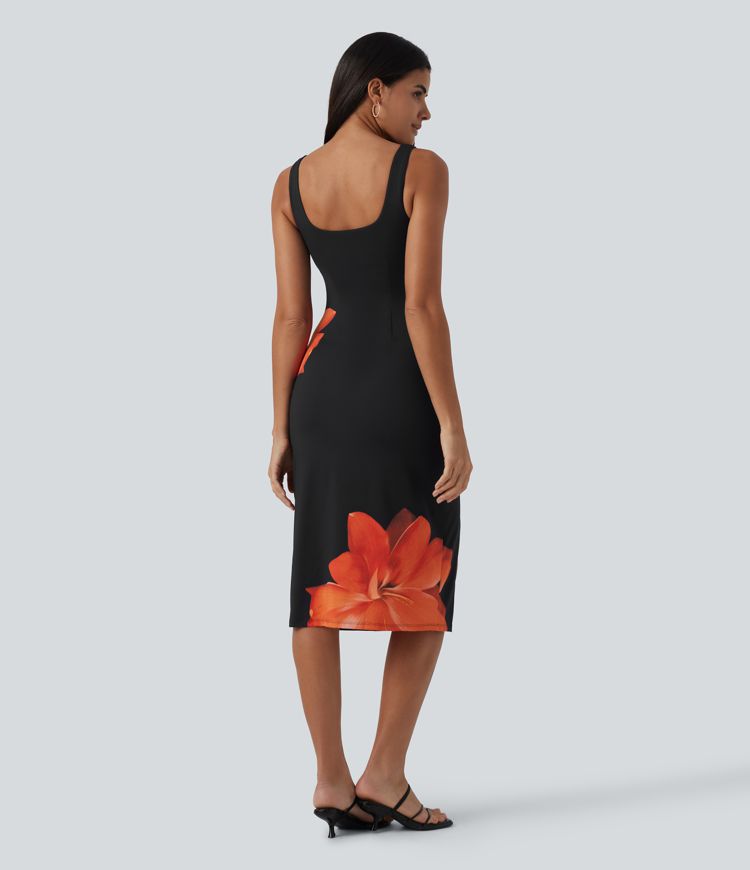 Robe midi de soirée moulante à imprimé floral, encolure carrée, dos nu et effet corset avec fronces et fente