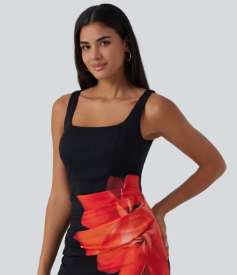 Robe midi de soirée moulante à imprimé floral, encolure carrée, dos nu et effet corset avec fronces et fente