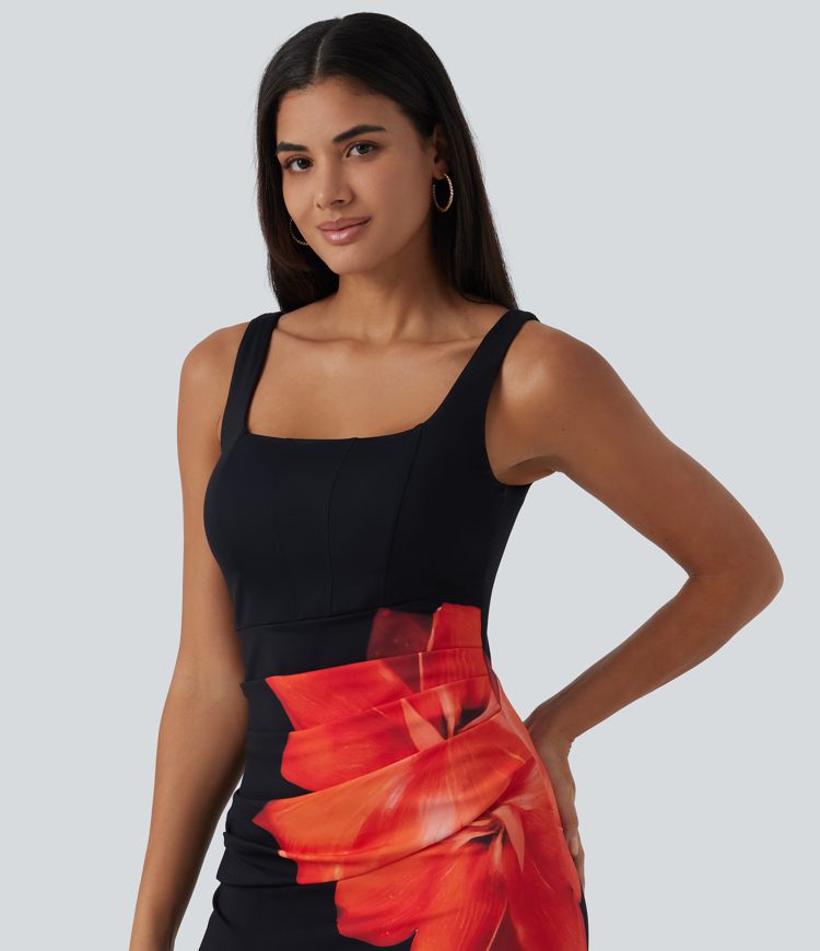 Robe midi de soirée moulante à imprimé floral, encolure carrée, dos nu et effet corset avec fronces et fente