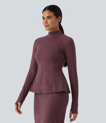 Stand Collar Long Sleeve Thumb Hole Polka Dot Yoga Jacket with Pockets