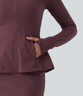 Stand Collar Long Sleeve Thumb Hole Polka Dot Yoga Jacket with Pockets