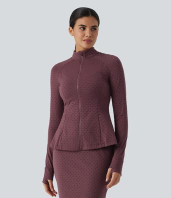 Stand Collar Long Sleeve Thumb Hole Polka Dot Yoga Jacket with Pockets