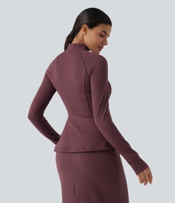 Stand Collar Long Sleeve Thumb Hole Polka Dot Yoga Jacket with Pockets