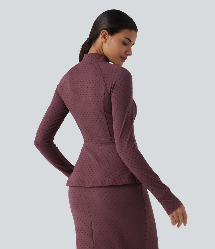 Stand Collar Long Sleeve Thumb Hole Polka Dot Yoga Jacket with Pockets