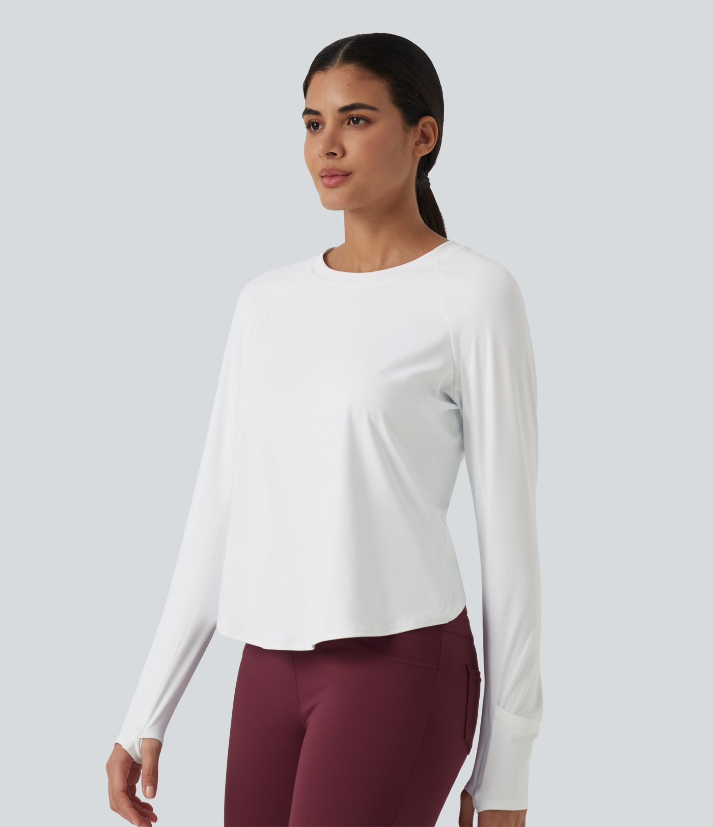 SoftlyZero™ Airy Quick Dry Round Neck Raglan Long Sleeve Mesh Back Crossover Yoga Sports Top with Thumb Holes SoftlyZero™ Airy Quick Dry Round Neck Raglan Long Sleeve Mesh Back Crossover Yoga Sports Top with Thumb Holes