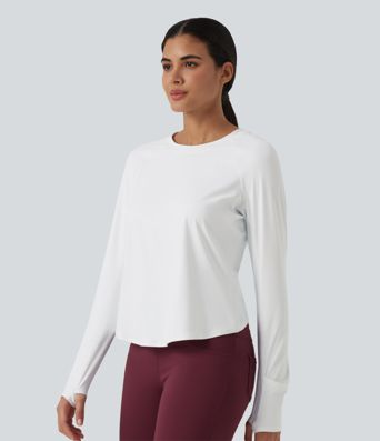 SoftlyZero™ Airy Quick Dry Round Neck Raglan Long Sleeve Mesh Back Crossover Yoga Sports Top with Thumb Holes SoftlyZero™ Airy Quick Dry Round Neck Raglan Long Sleeve Mesh Back Crossover Yoga Sports Top with Thumb Holes