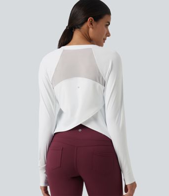 SoftlyZero™ Airy Quick Dry Round Neck Raglan Long Sleeve Mesh Back Crossover Yoga Sports Top with Thumb Holes SoftlyZero™ Airy Quick Dry Round Neck Raglan Long Sleeve Mesh Back Crossover Yoga Sports Top with Thumb Holes