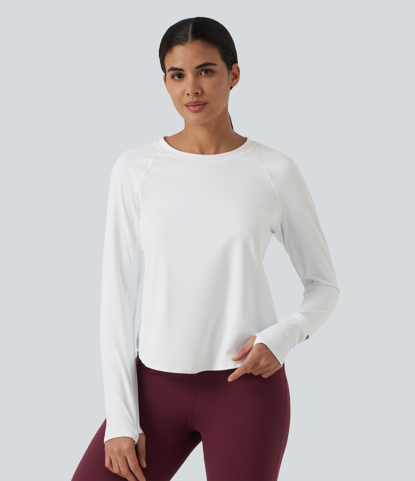 SoftlyZero™ Airy Quick Dry Round Neck Raglan Long Sleeve Mesh Back Crossover Yoga Sports Top with Thumb Holes SoftlyZero™ Airy Quick Dry Round Neck Raglan Long Sleeve Mesh Back Crossover Yoga Sports Top with Thumb Holes