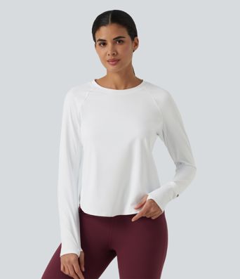 SoftlyZero™ Airy Quick Dry Round Neck Raglan Long Sleeve Mesh Back Crossover Yoga Sports Top with Thumb Holes SoftlyZero™ Airy Quick Dry Round Neck Raglan Long Sleeve Mesh Back Crossover Yoga Sports Top with Thumb Holes