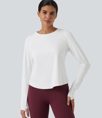 SoftlyZero™ Airy Quick Dry Round Neck Raglan Long Sleeve Mesh Back Crossover Yoga Sports Top with Thumb Holes SoftlyZero™ Airy Quick Dry Round Neck Raglan Long Sleeve Mesh Back Crossover Yoga Sports Top with Thumb Holes