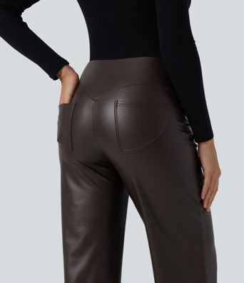 Pantalon décontracté en simili cuir PU, taille haute, extensible, doublure polaire, effet gainant pour le ventre, coupe bootcut, avec poches.