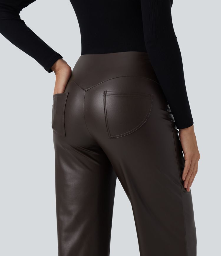 Pantalon décontracté en simili cuir PU, taille haute, extensible, doublure polaire, effet gainant pour le ventre, coupe bootcut, avec poches.