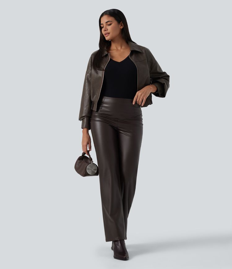 Pantalon décontracté en simili cuir PU, taille haute, extensible, doublure polaire, effet gainant pour le ventre, coupe bootcut, avec poches.