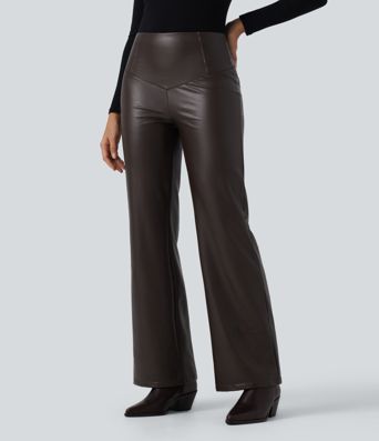Pantalon décontracté en simili cuir PU, taille haute, extensible, doublure polaire, effet gainant pour le ventre, coupe bootcut, avec poches.