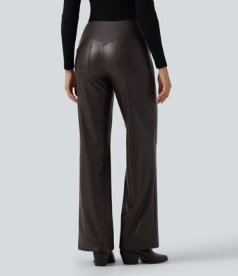 Pantalon décontracté en simili cuir PU, taille haute, extensible, doublure polaire, effet gainant pour le ventre, coupe bootcut, avec poches.
