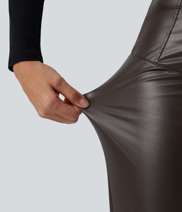 Pantalon décontracté en simili cuir PU, taille haute, extensible, doublure polaire, effet gainant pour le ventre, coupe bootcut, avec poches.