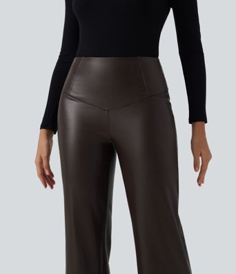 Pantalon décontracté en simili cuir PU, taille haute, extensible, doublure polaire, effet gainant pour le ventre, coupe bootcut, avec poches.